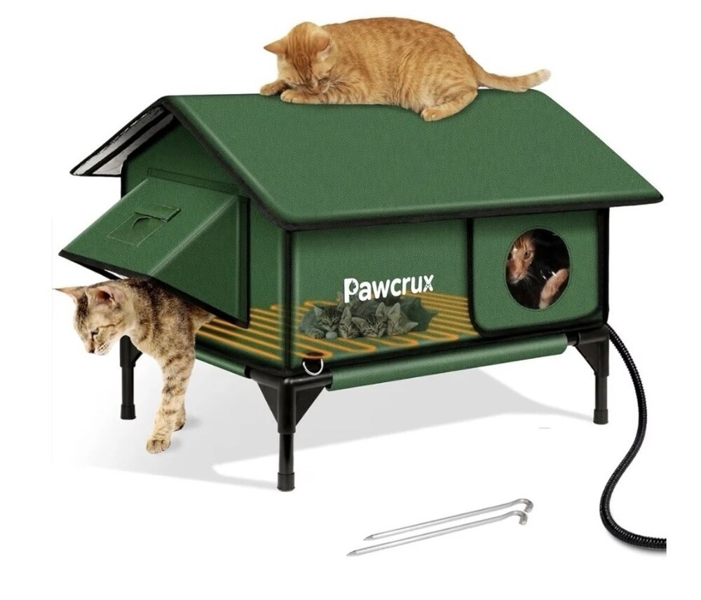 100% Waterproof Heated Cat House for Outdoor Cat w/Safe Escape Door Large Green